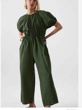 COS Puff Sleeve Olive Green Wide-Leg Jumpsuit